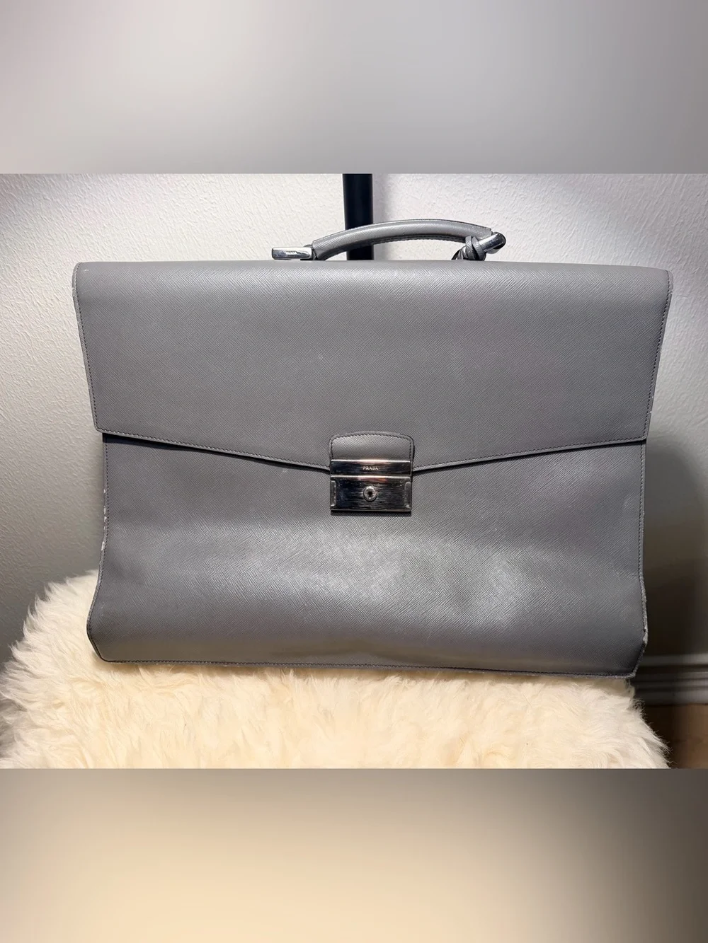 Large Gray Prada Leather Briefcase